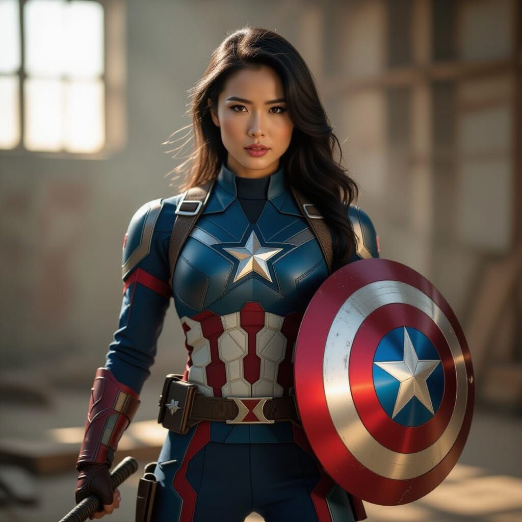 Asian Woman as Captain America in Heroic Pose