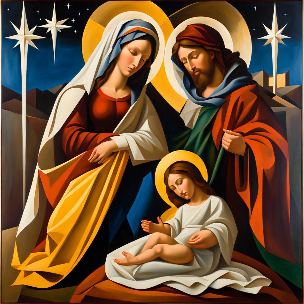 Nativity Scene in Hard-Edged Oil Painting