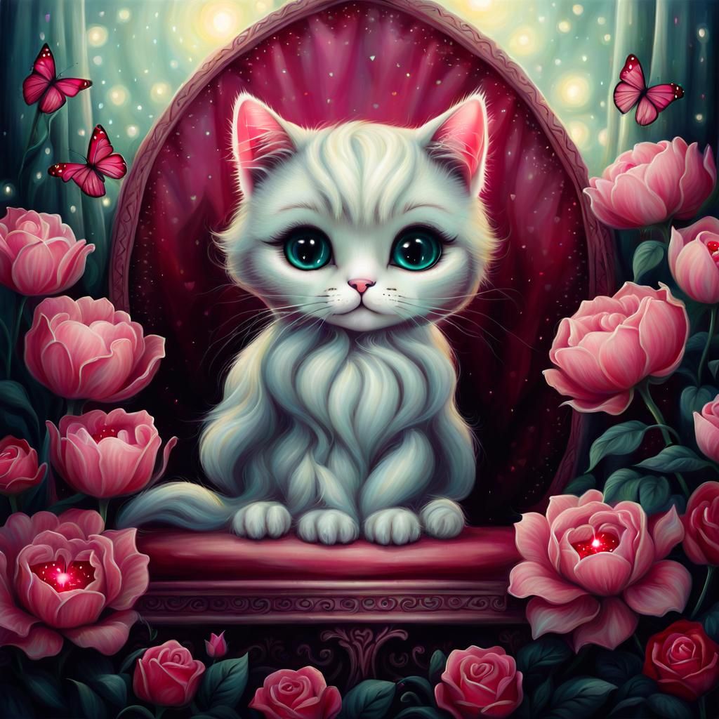 Cat Surrounded by Flowers in Pop-Surrealist Style