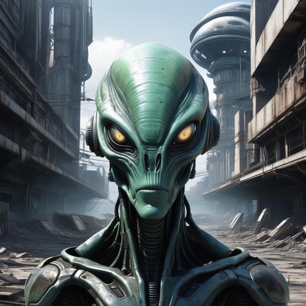 Anime Alien in Dystopian Sci-Fi Landscape