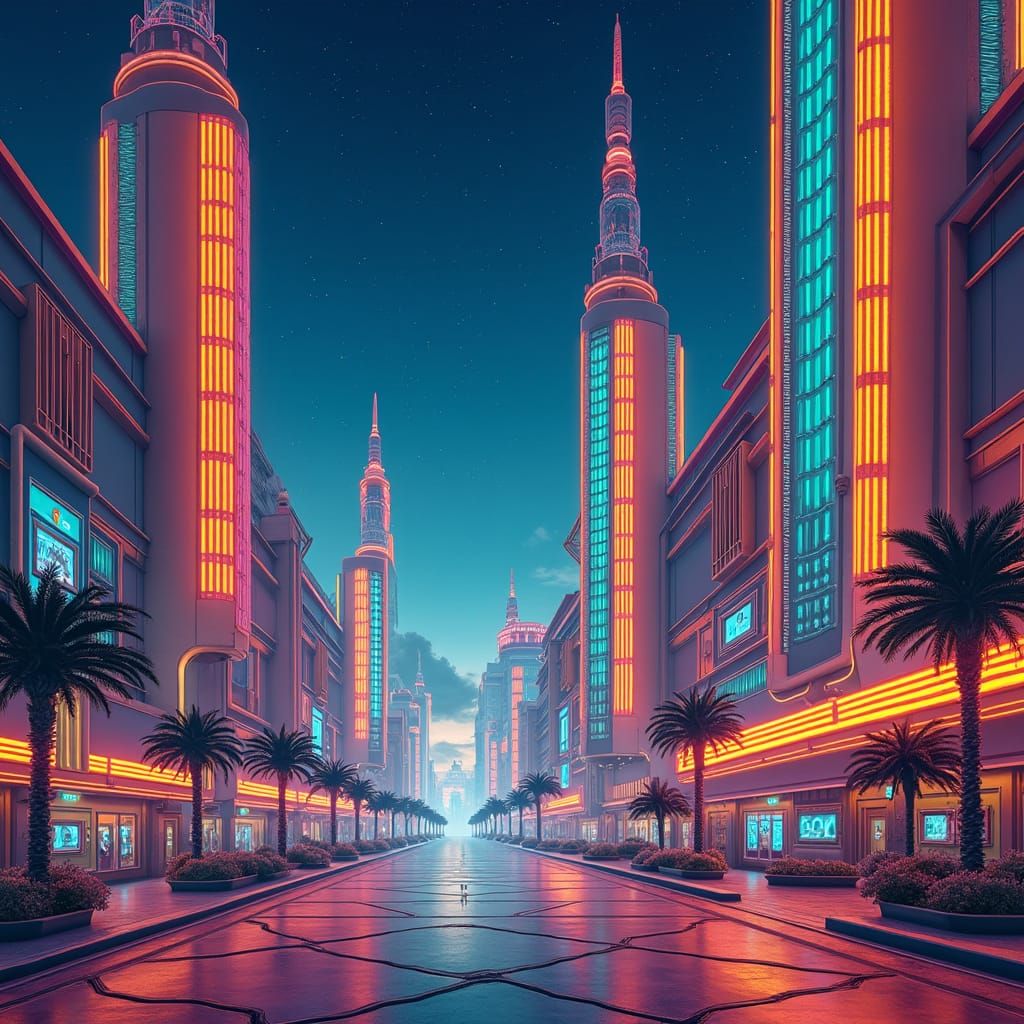 Art Deco Cityscape at Night in Retro-Futuristic Style