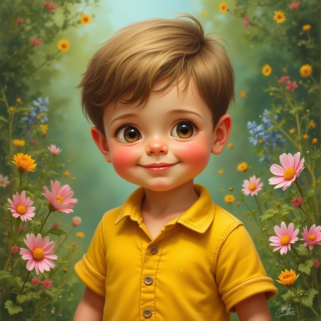 Chubby Cheeked Boy in Whimsical Garden Scene