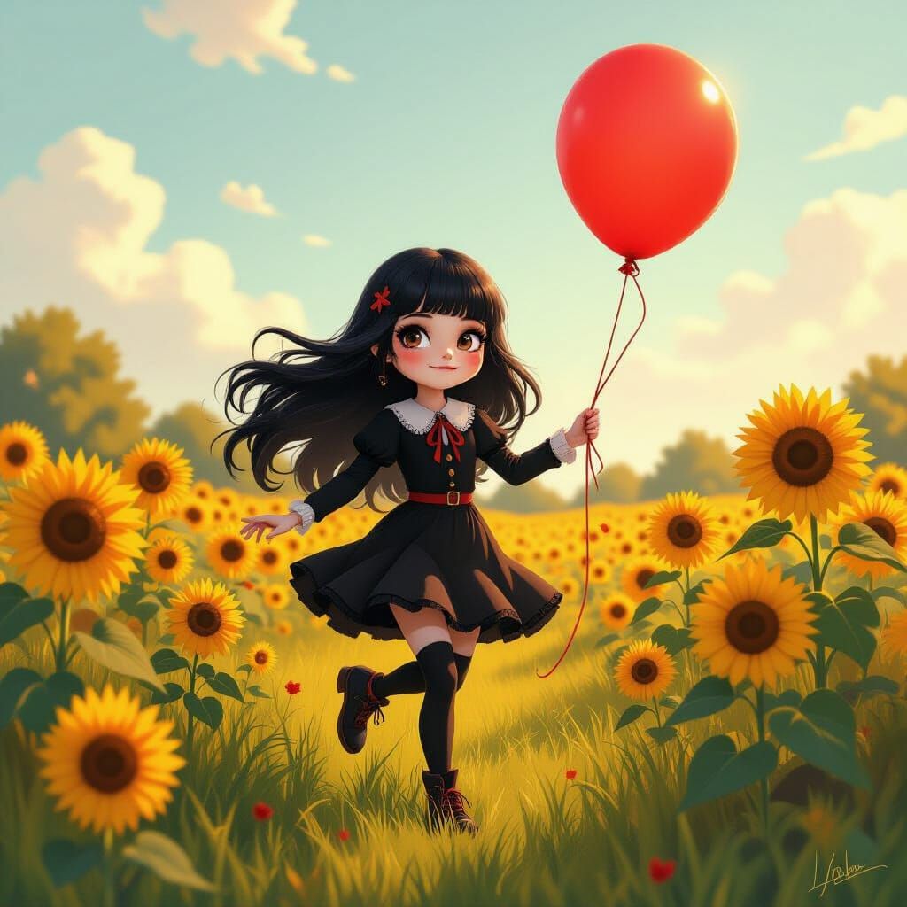 Goth Girl Joyfully Skips in Sunlit Sunflower Meadow