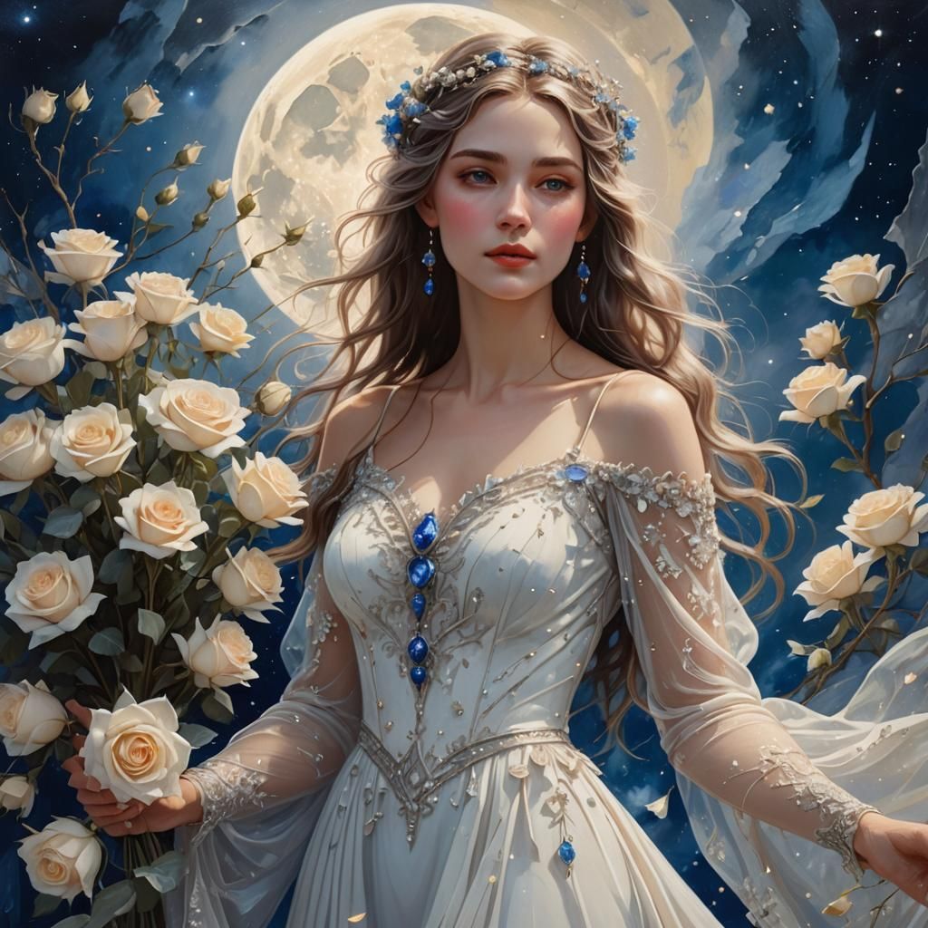 Maiden with Roses Under Silver Moon, Art Nouveau