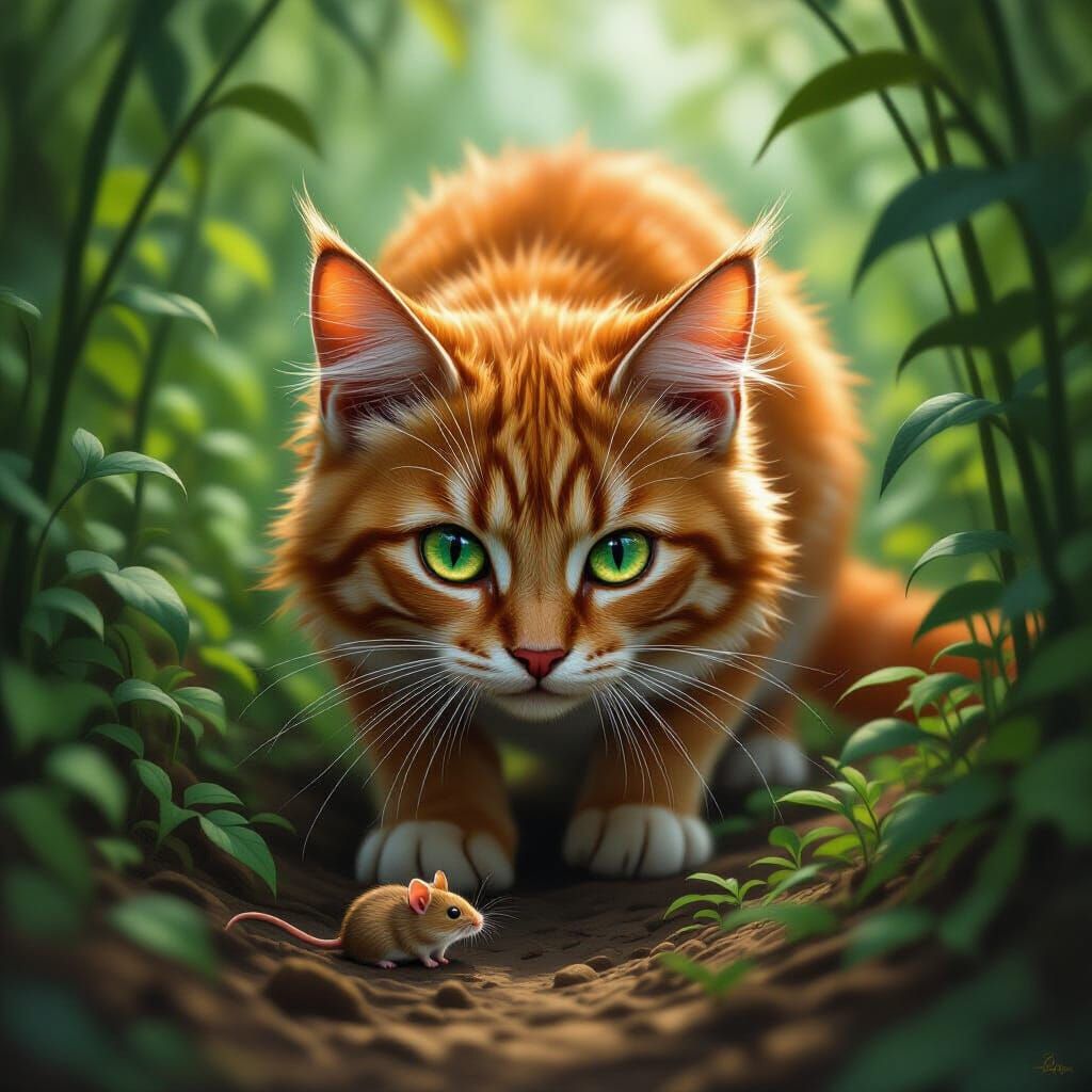 Ginger Warrior Cat Stalking Mouse in Undergrowth