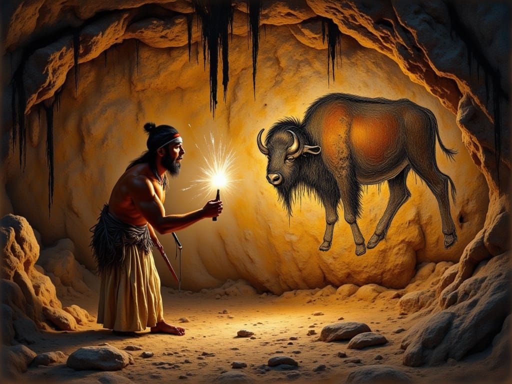 Cave Painter Drawing Bison in Lascaux Cave