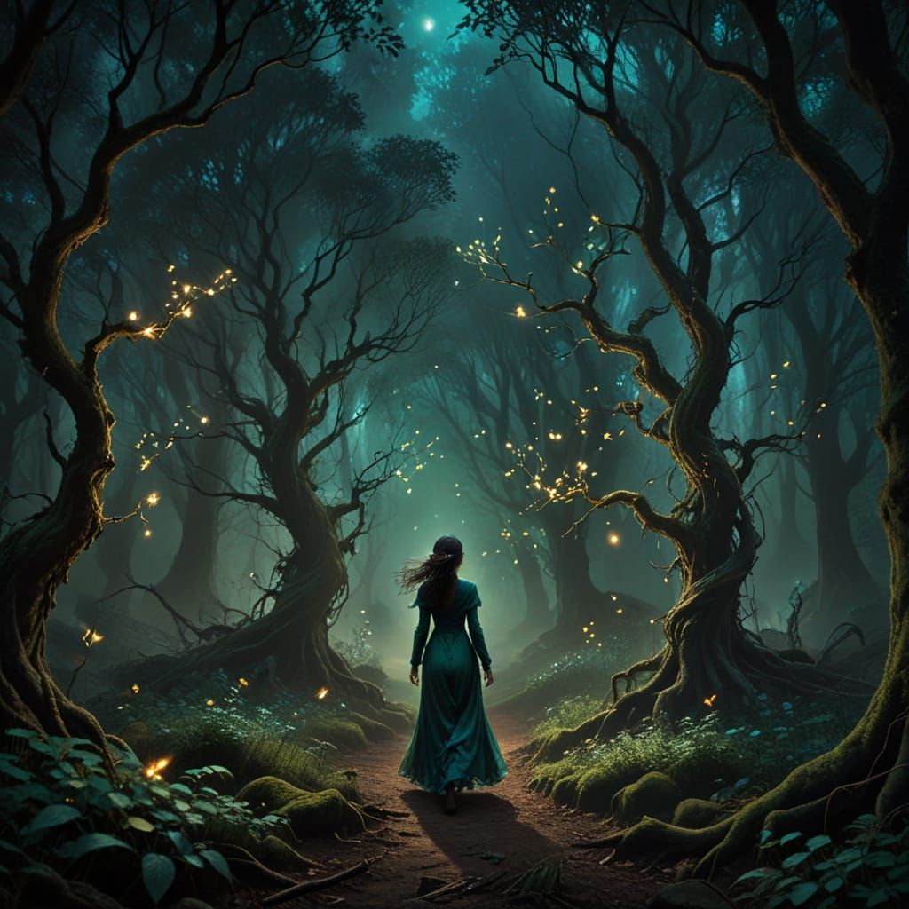 Mystical Figure in Emerald Forest, Twinkling Fireflies, Cine...