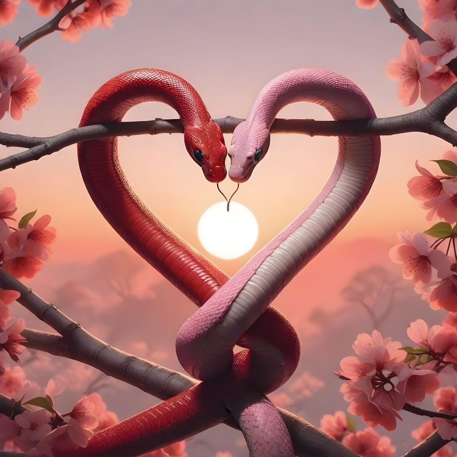Dark Romantic Snake Couple Entwined in Cherry Blossom Love