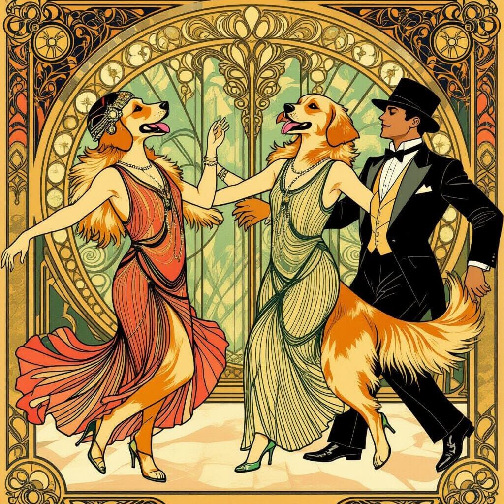 Golden Retrievers Dancing Charleston in Art Nouveau Style