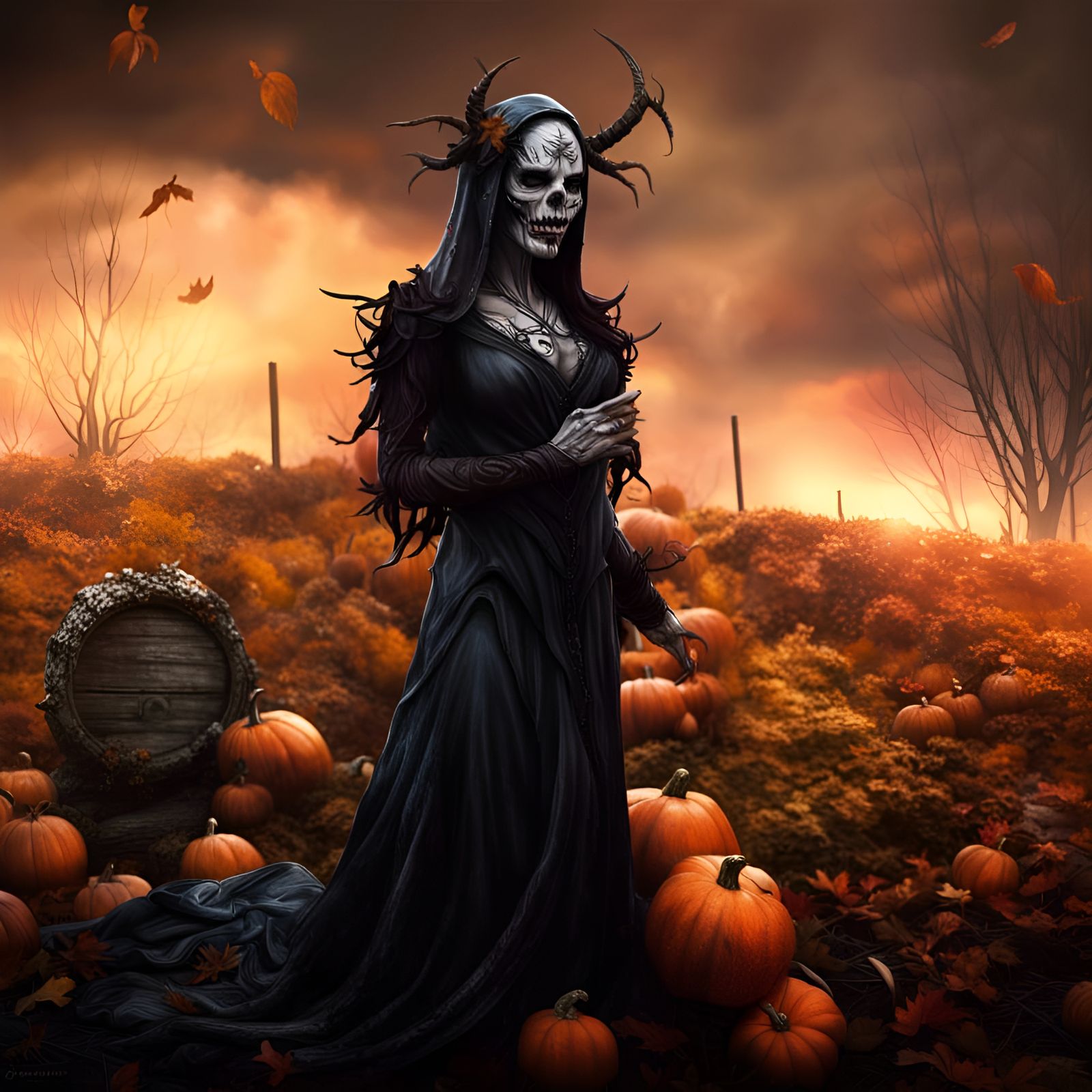 The samhain figure, creature, Wicca, occult, harvest, fall, hyper-realistic, ultra resolution, creepy, dark, witchcore