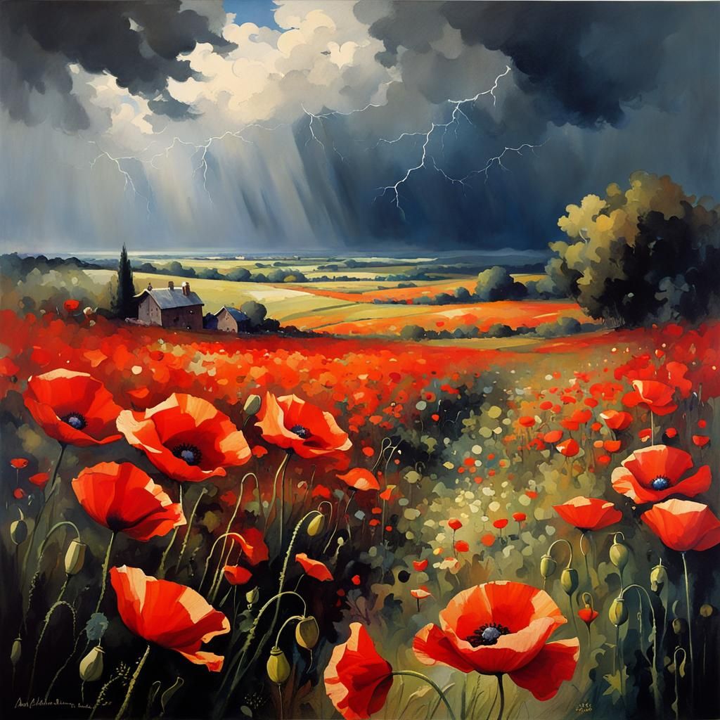 Storm Over Poppy Field in Watercolor Style