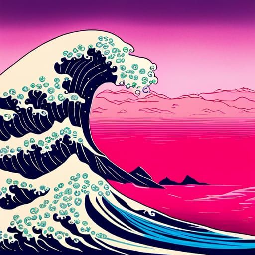 Pink Great Wave in Synthwave Neon Style