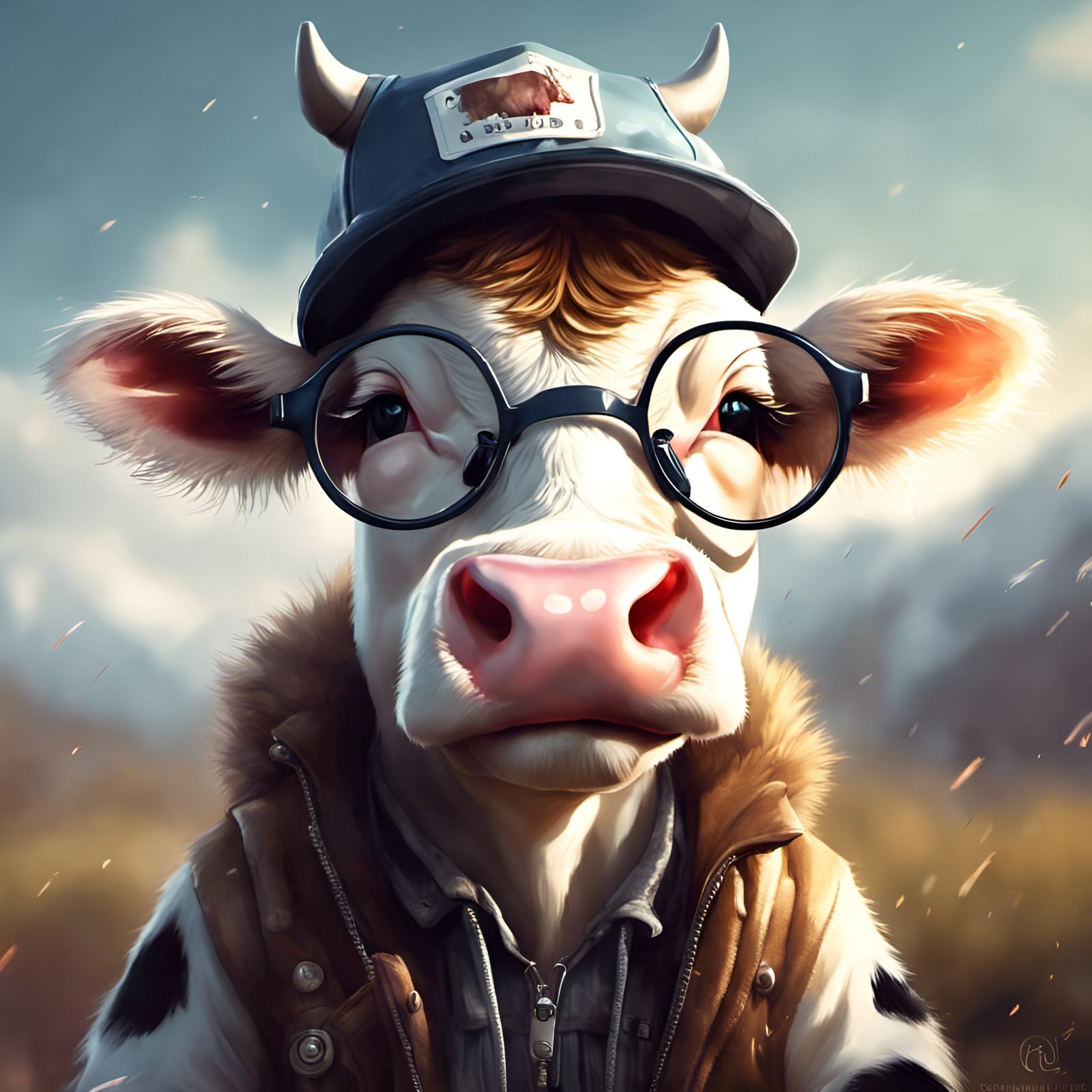 Adorable Chibi Cow in Cap and Glasses