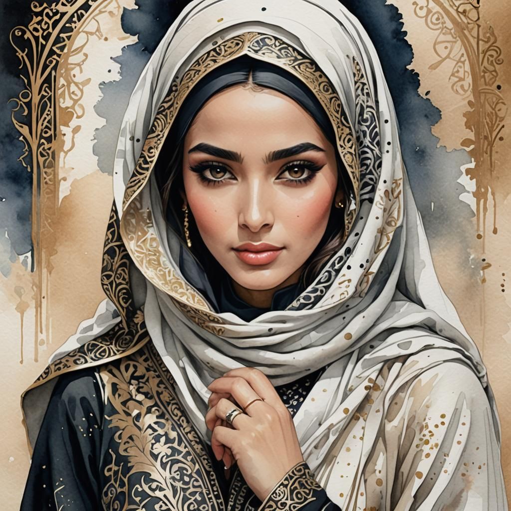 Beautiful arab woman with eye makeup wearing abaya, hijab, kaftan and jalabiya dress, sophisticated, calm, calm hyperdet...