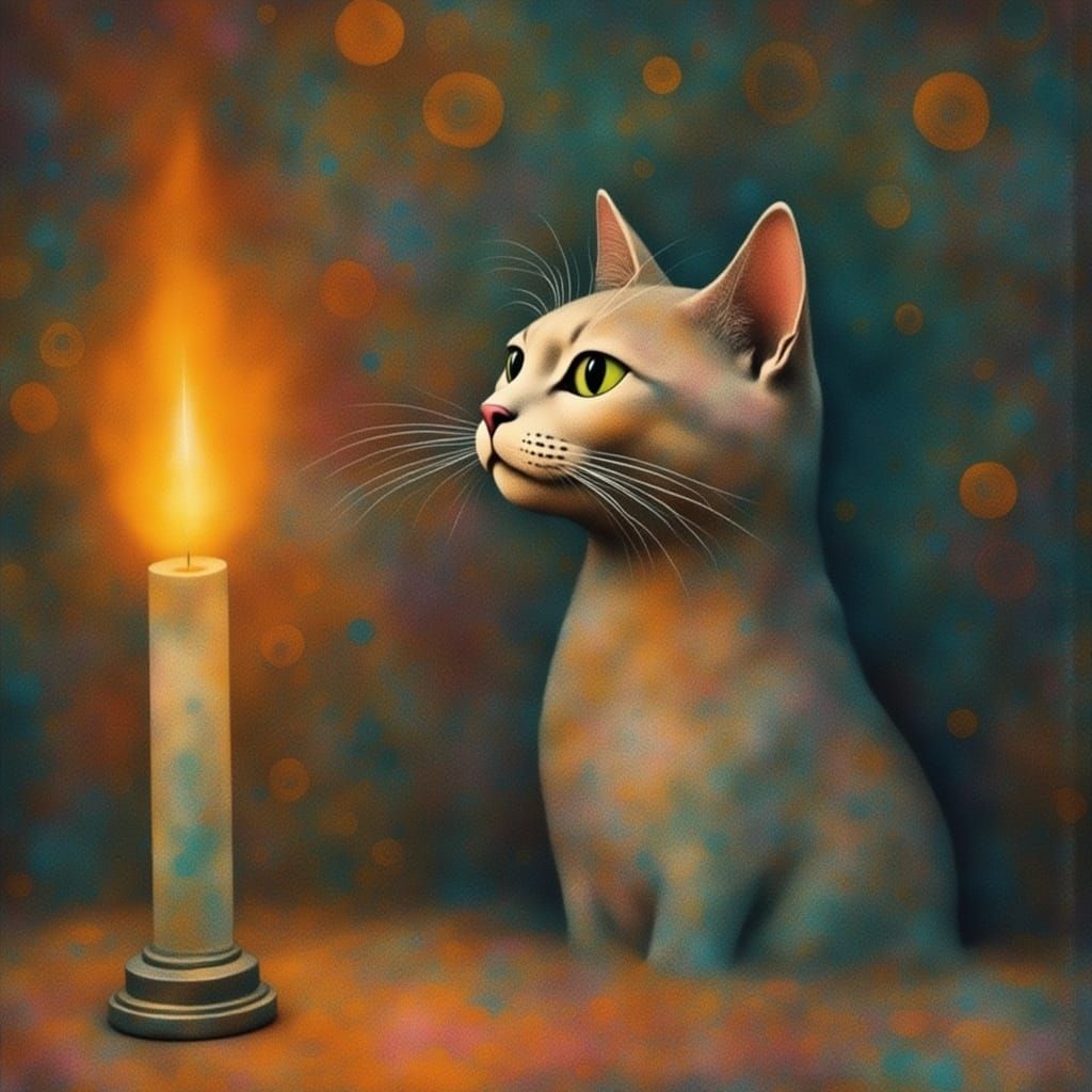 <lora:Flux GelliCat:1.0> A cat reaches out a paw to a candle...