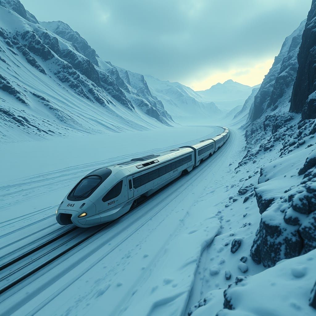 Futuristic Stealth Train Through Glacier Valley