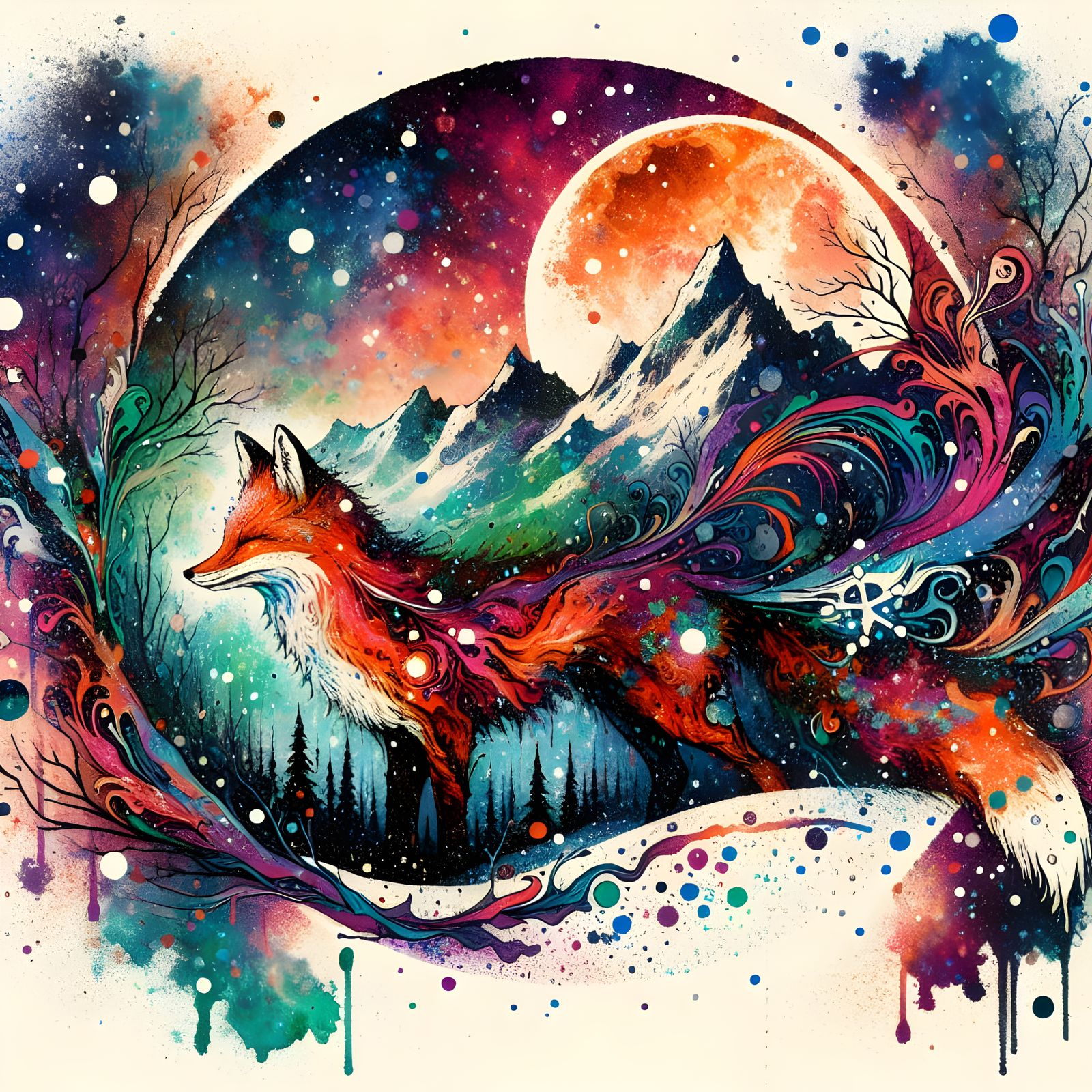 Cosmic Ink Splatter Fox in Folk Art Style
