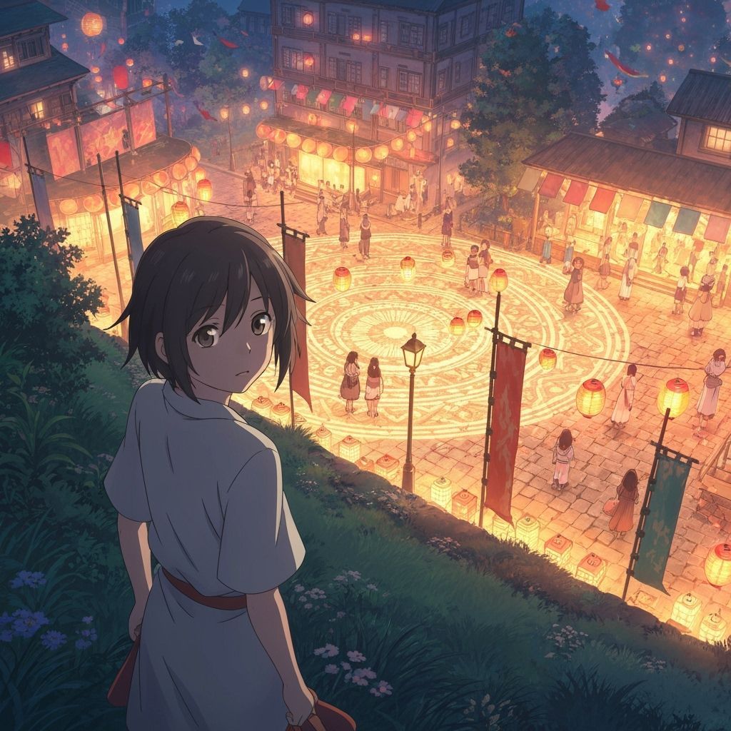 Anime Festival Scene: Girl Overlooks Fantasy Celebration