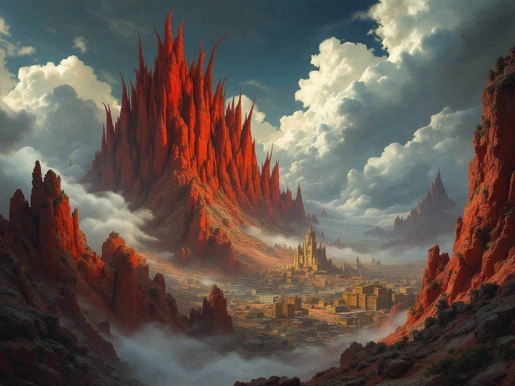 Mysterious Red Cliffs Over a Romantic Cityscape