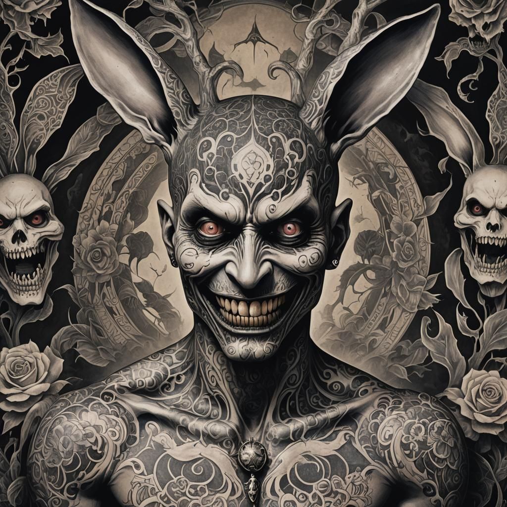 "Craft an unsettling image of a man with a sinister twist: his head resembles that of an Easter bunny, but with sharp, m...
