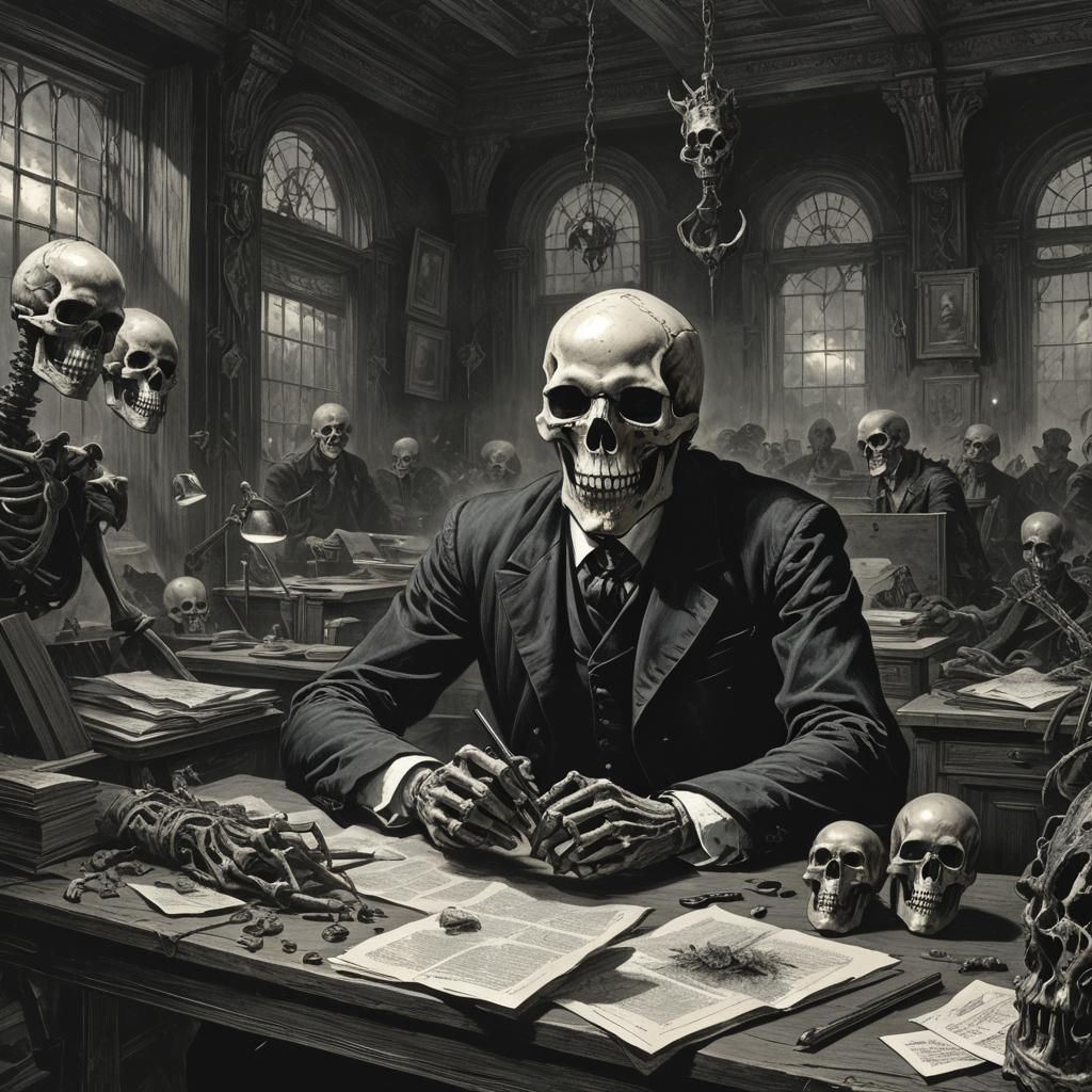 Dark Fantasy Skull Working in Office