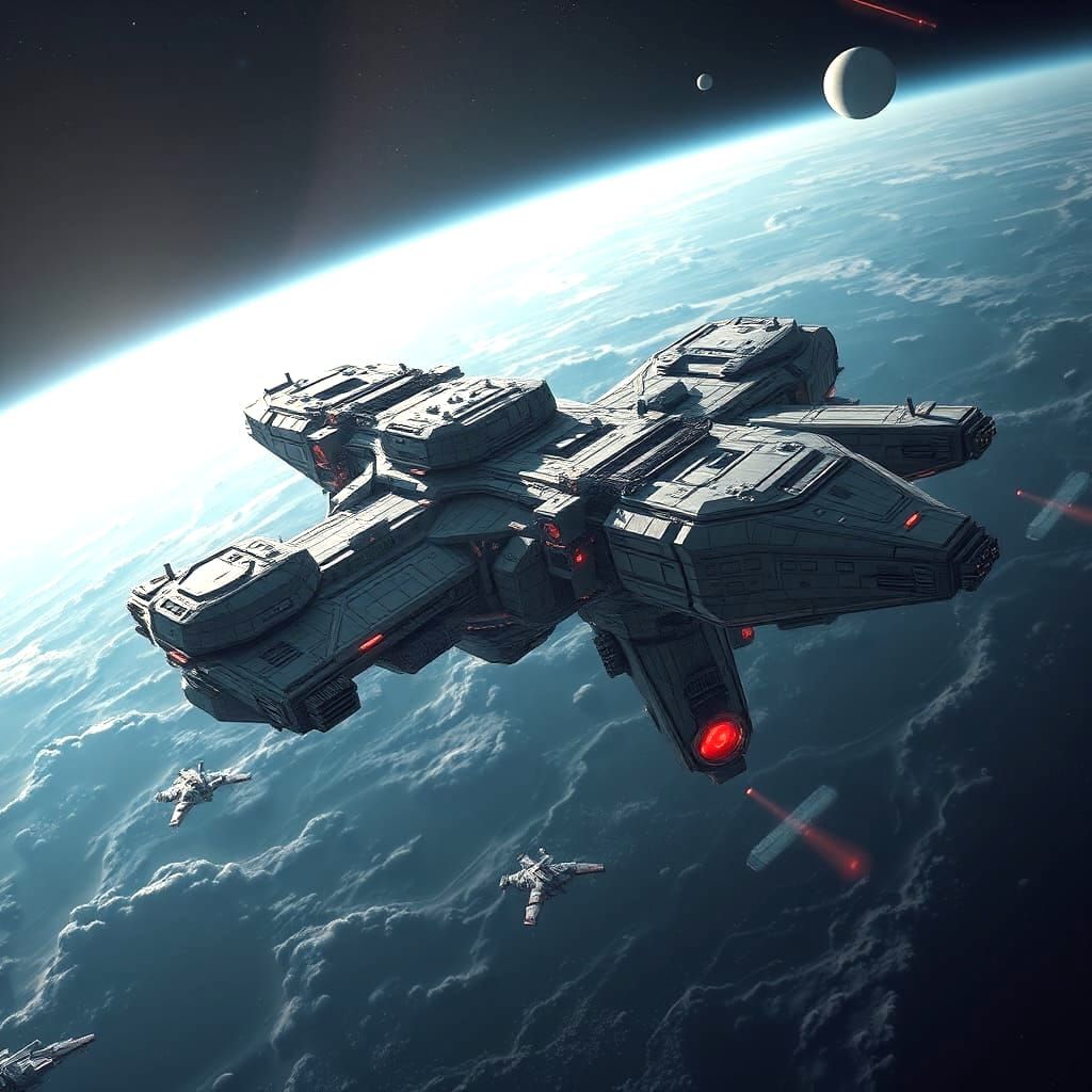 Large space station spaceship in outer space, spaceships in the background