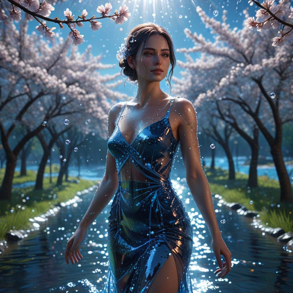 Transparent Woman in Cherry Blossom Grove with Blue Lights