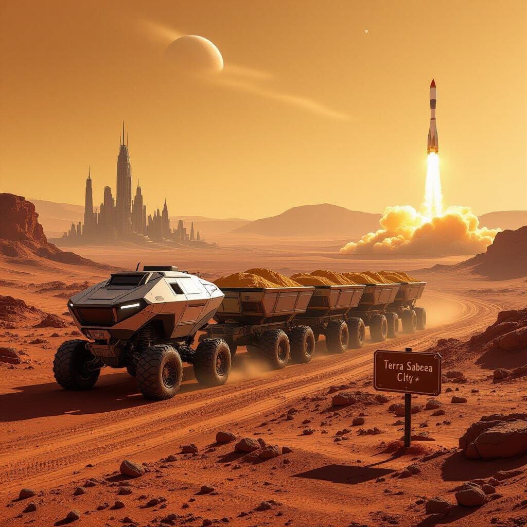 Mars Explorer Vehicle Hauls Trailers Near Distant City