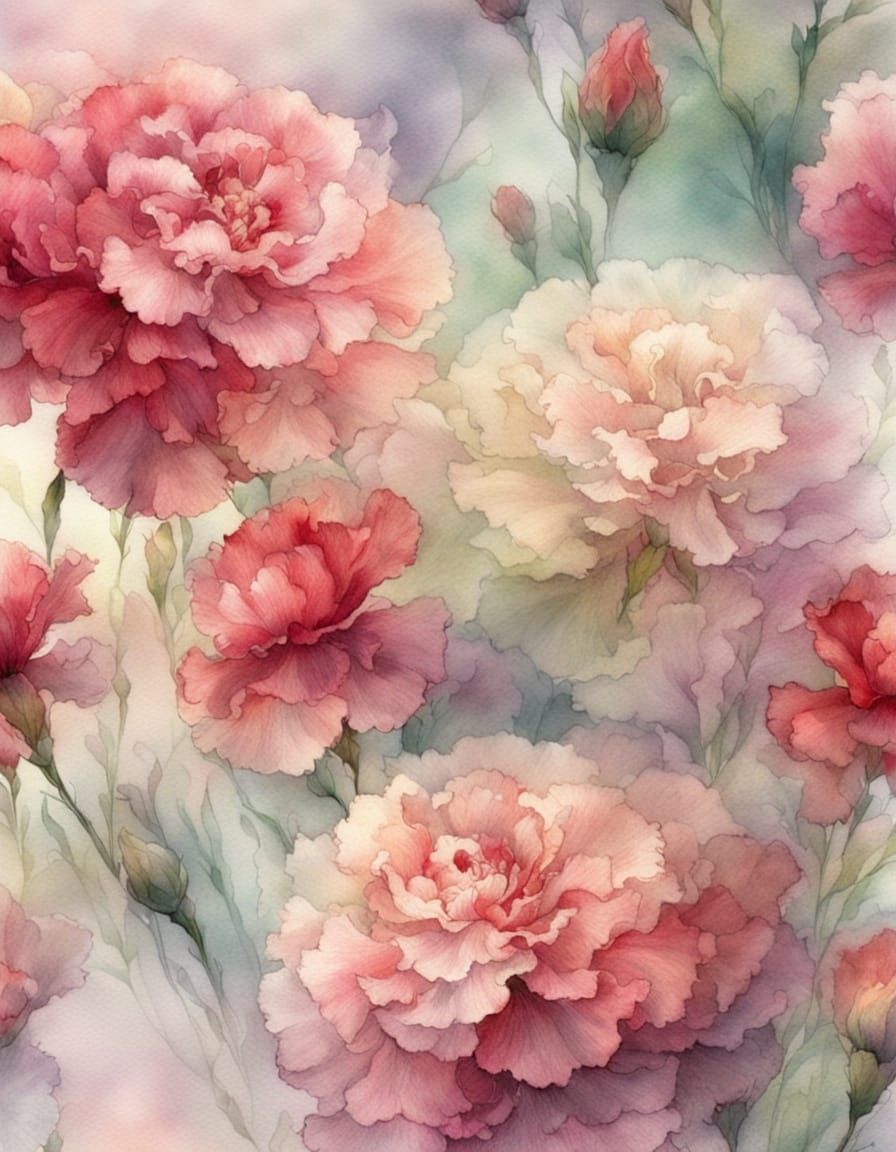 Ethereal Carnations Macro Closeup in Soft Watercolour Style