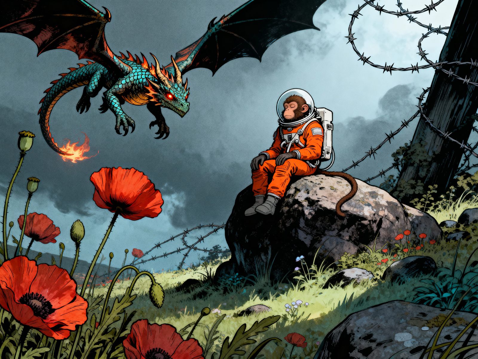 Whimsical Dragon, Dreaming Monkey in Space, Splash Art Style