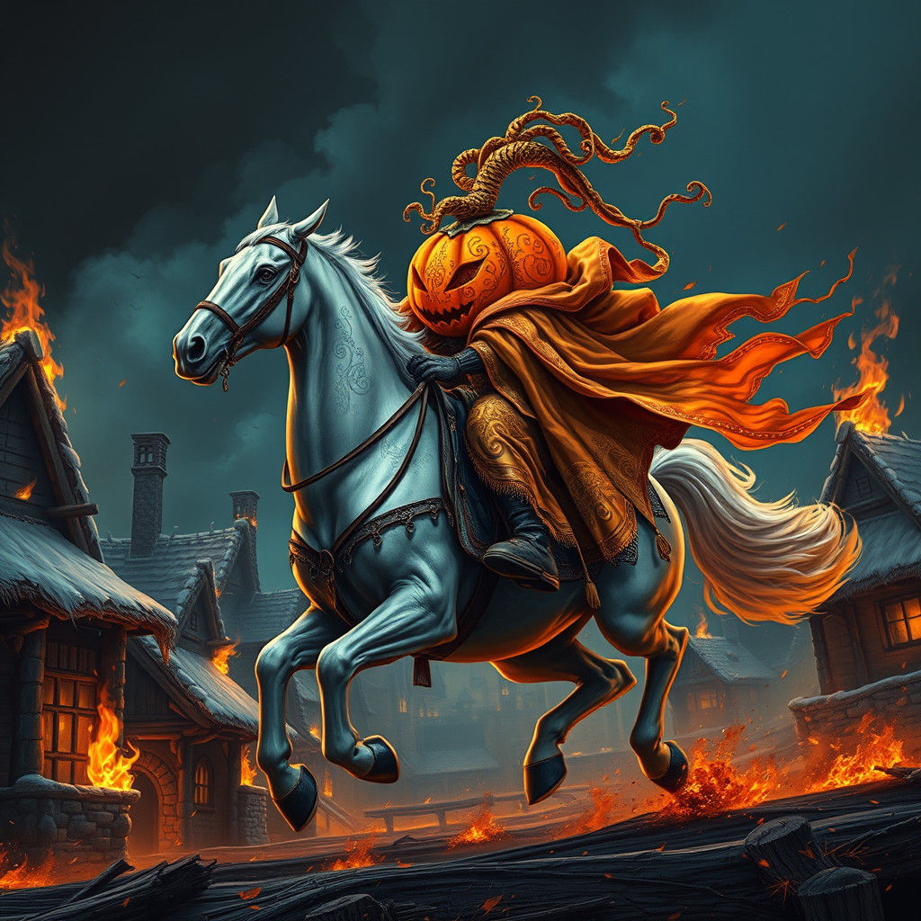Pumpkin Rider Sets Town Ablaze: Fantasy Concept Art