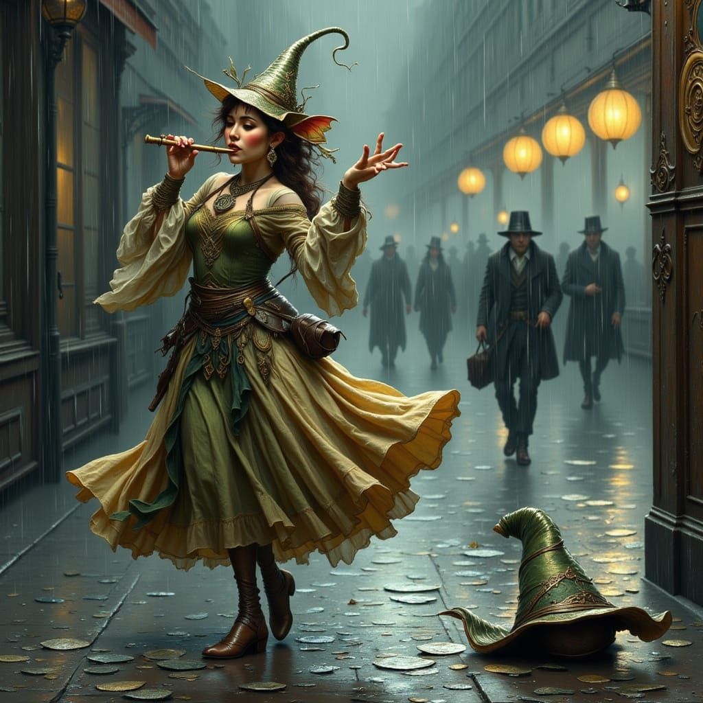Beautiful Elf Busker Dancing in the Rain
