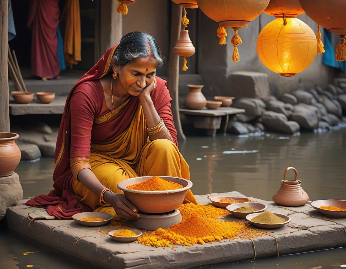 Indian Woman Serenely Sits by the Ganges in Vibrant Traditio...