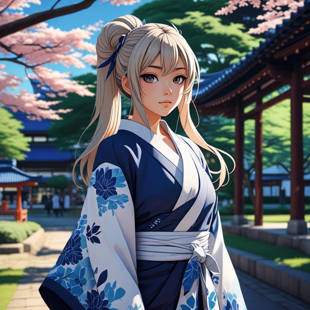 Gyaru Girl in Kimono: Anime Style Park Scene