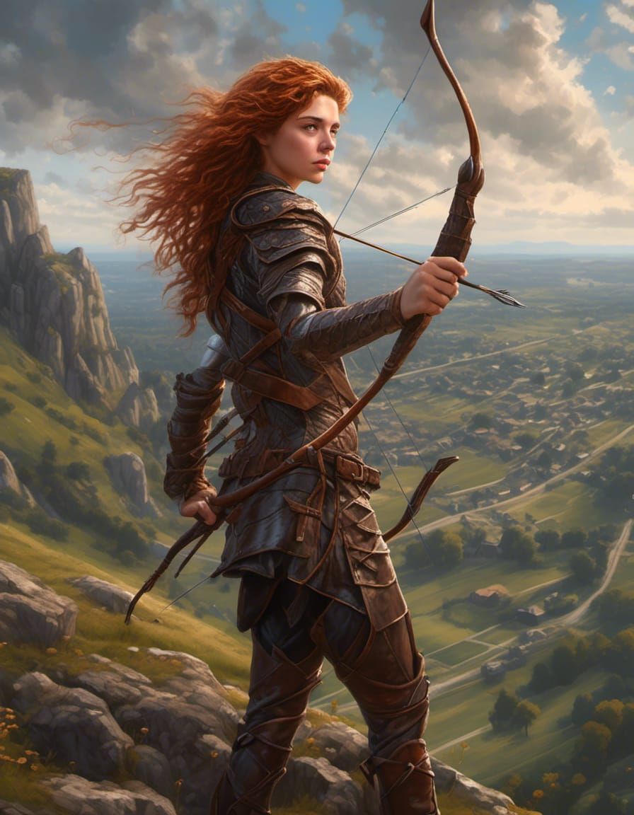 Hyperrealistic Teenage Archer Aiming Bow in Fantasy Landscap...
