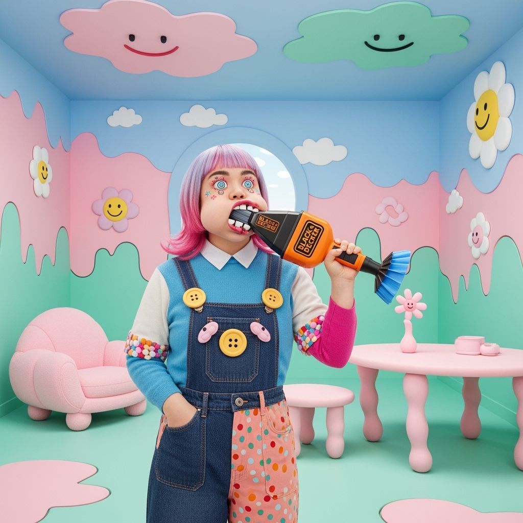 Person Bites Dust Buster in Cartoon Style