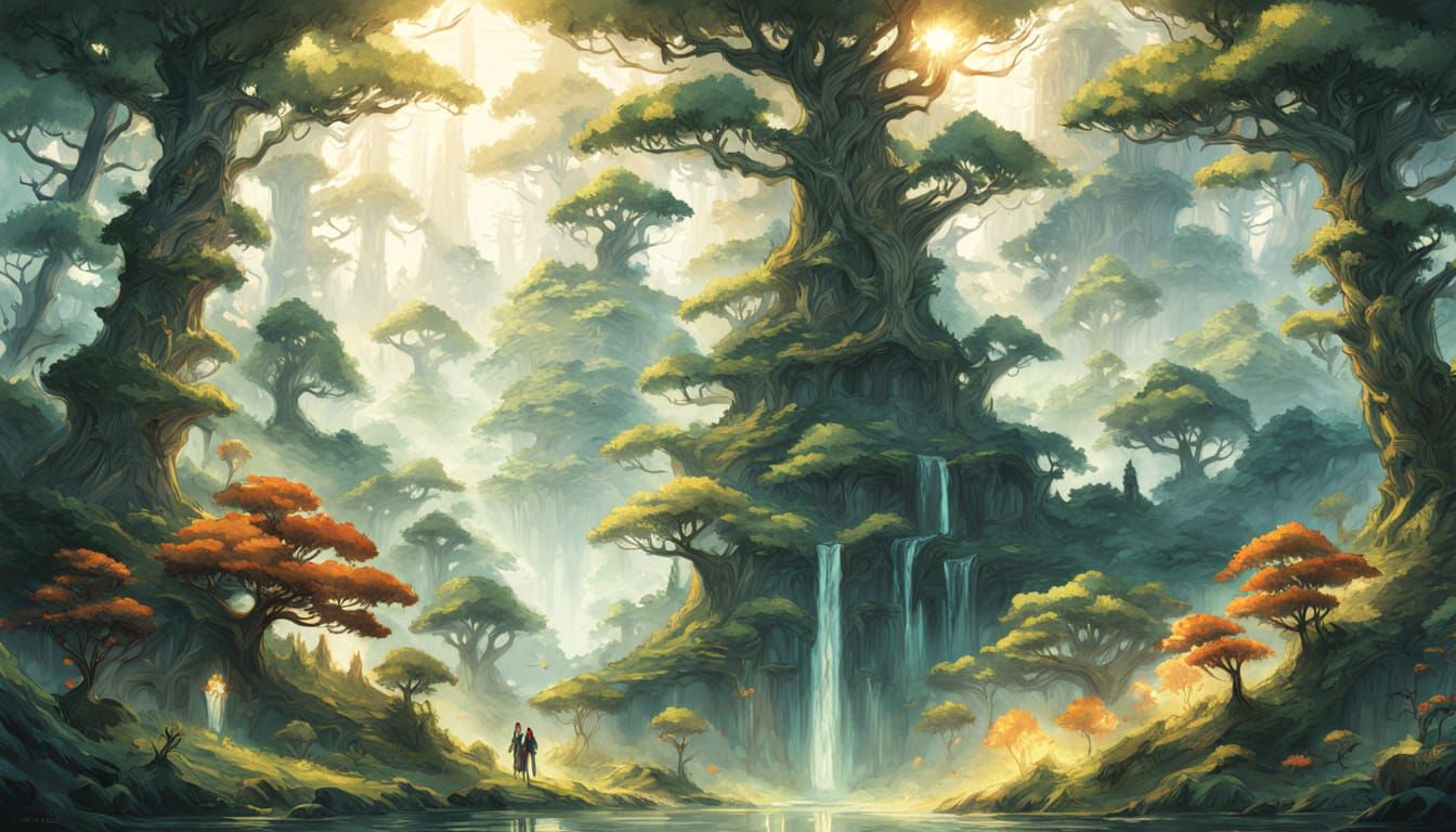 Epic Fantasy Duo in a Mysterious Forest Landscape