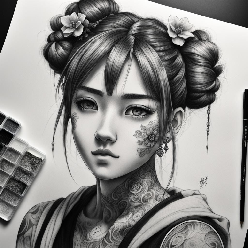 Monochrome Anime Portrait with Floral Tattoos