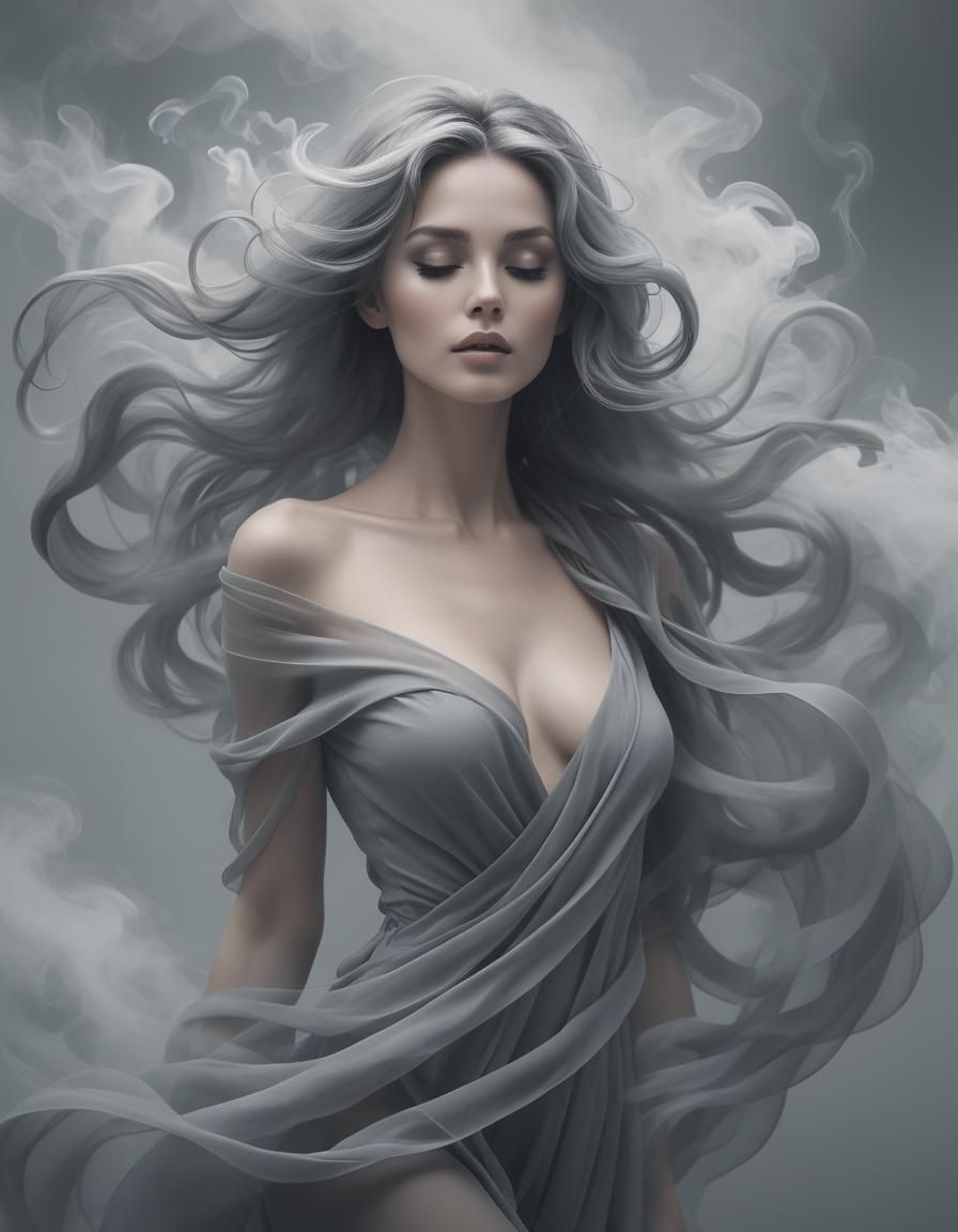 Ethereal Woman with Flowing Hair in Grayscale