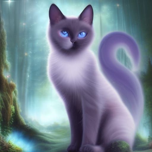 Beautiful Siamese cat with Crystal blue eyes& shimmery sparkly purple background& ethereal vibes& magical vibes