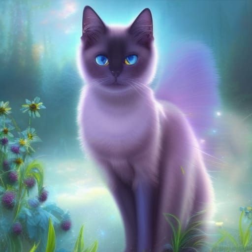 Beautiful Siamese cat with Crystal blue eyes& shimmery sparkly purple background& ethereal vibes& magical vibes