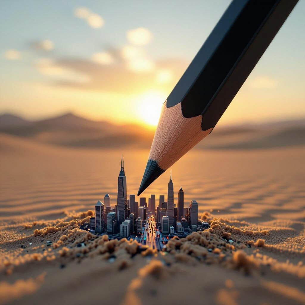 Giant Pencil Fractures to Reveal Cityscape in Desert Sunset
