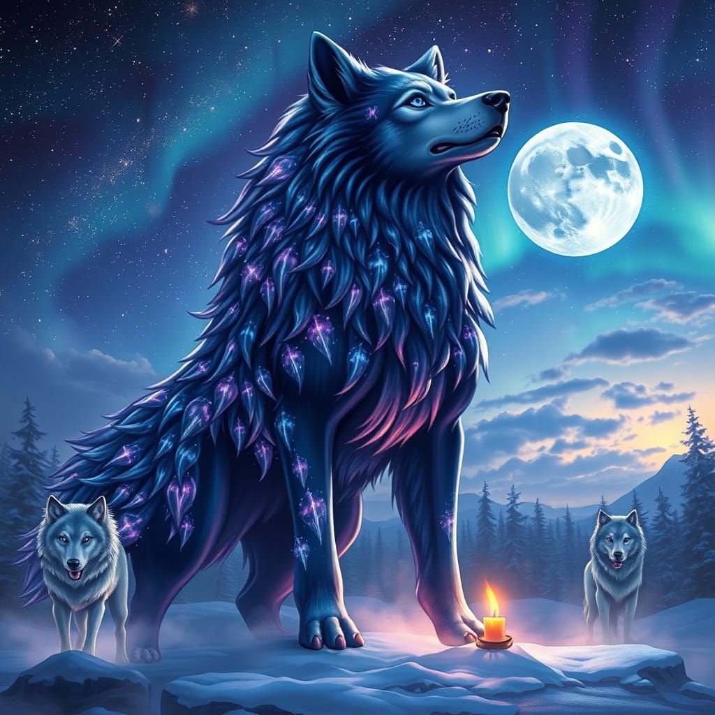 Celestial Dog God Amidst Glowing Wolves and Starry Night Sky
