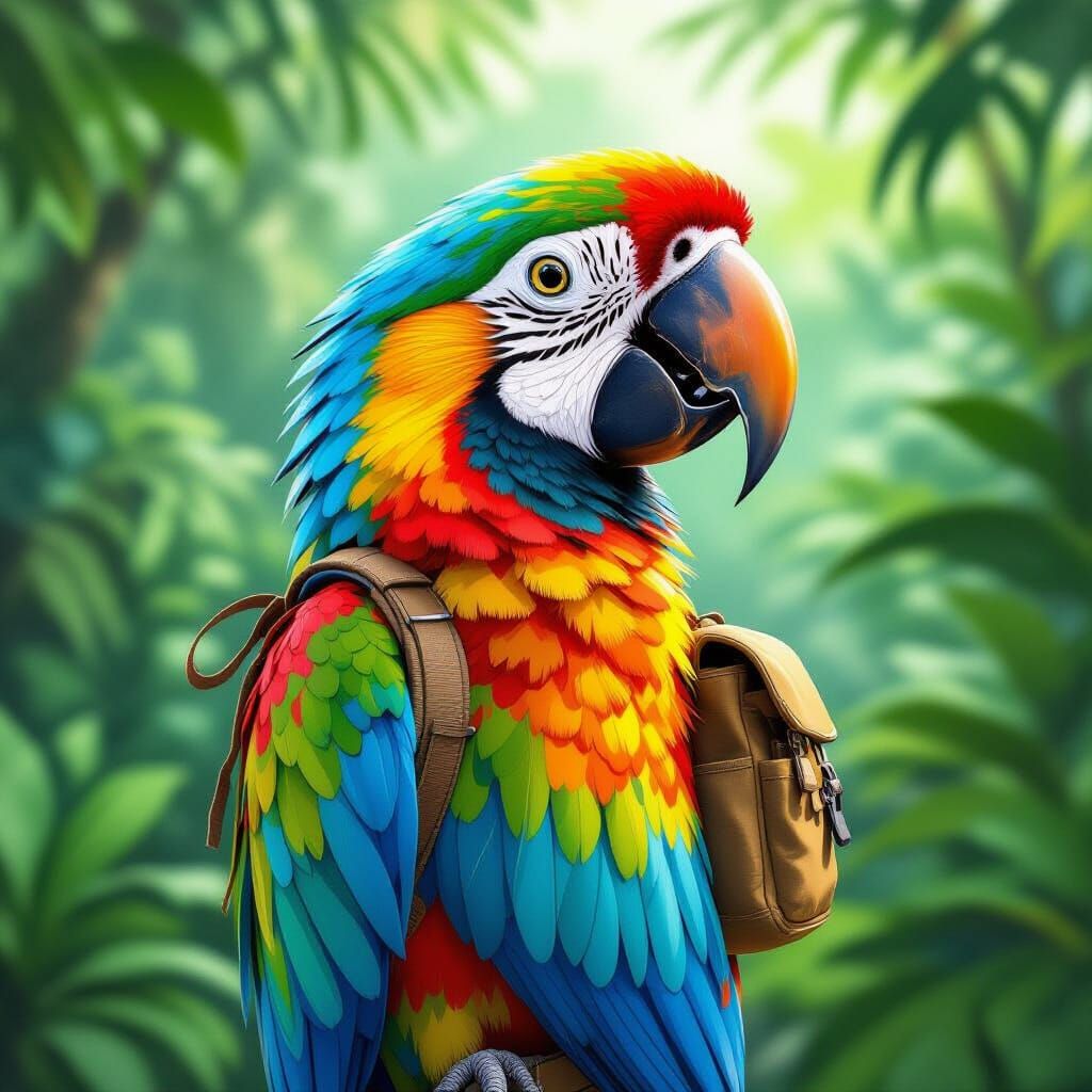 Parrot with Backpack in Painterly Style