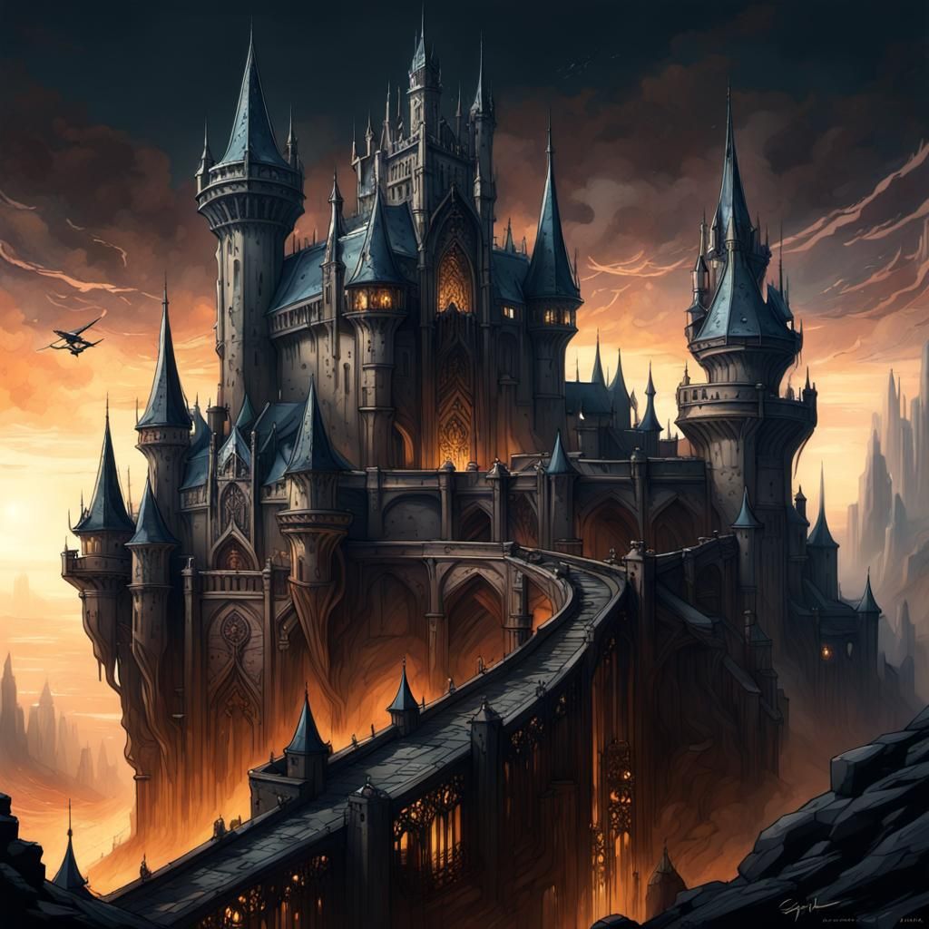 Flying Gothic Castle in Dark Fantasy Art