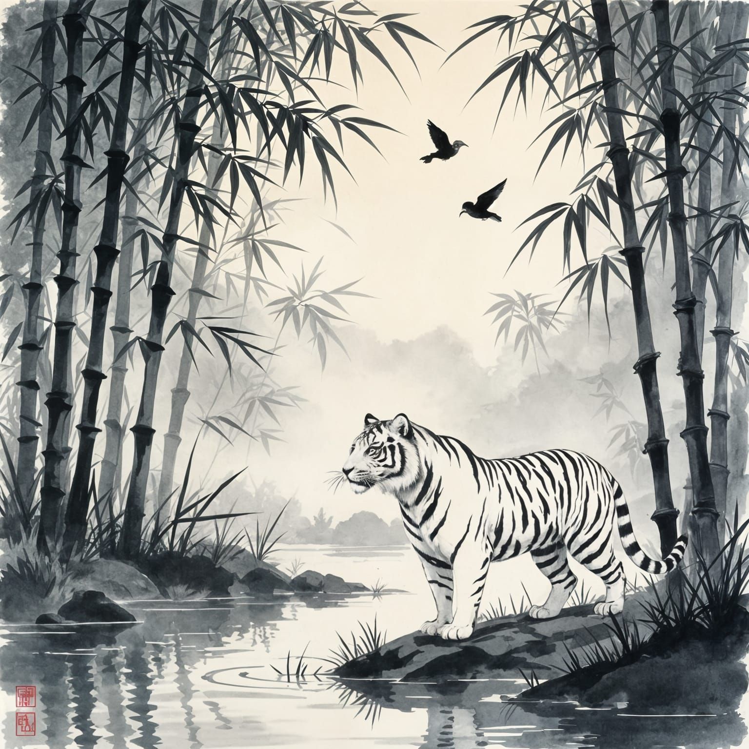 Serene Tigress by Bamboo Pond at Dusk in Japanese Ink Wash S...