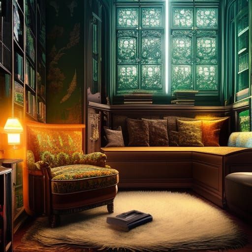 Cozy Lizard Couch in Library: Digital Illustration