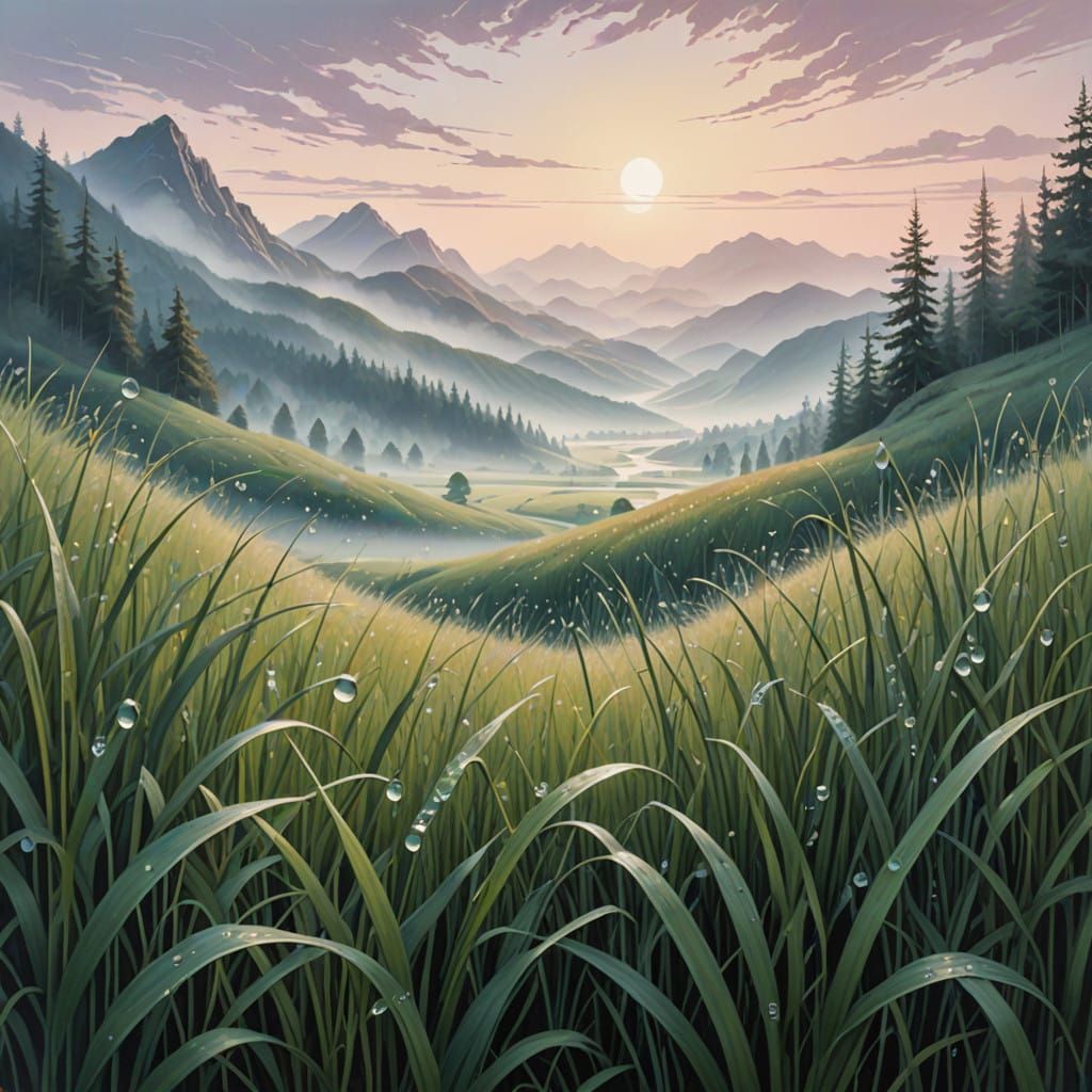 Dreamy Morning Landscape with Intricate Grass and Pastel Hue...