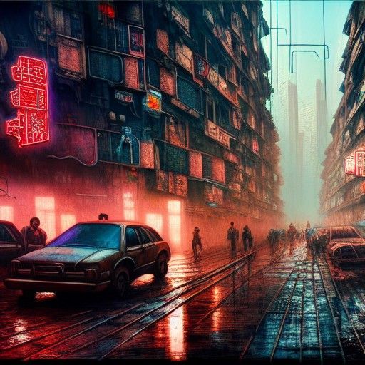Dystopian Slums District: Hyperdetailed Cyberpunk Scene