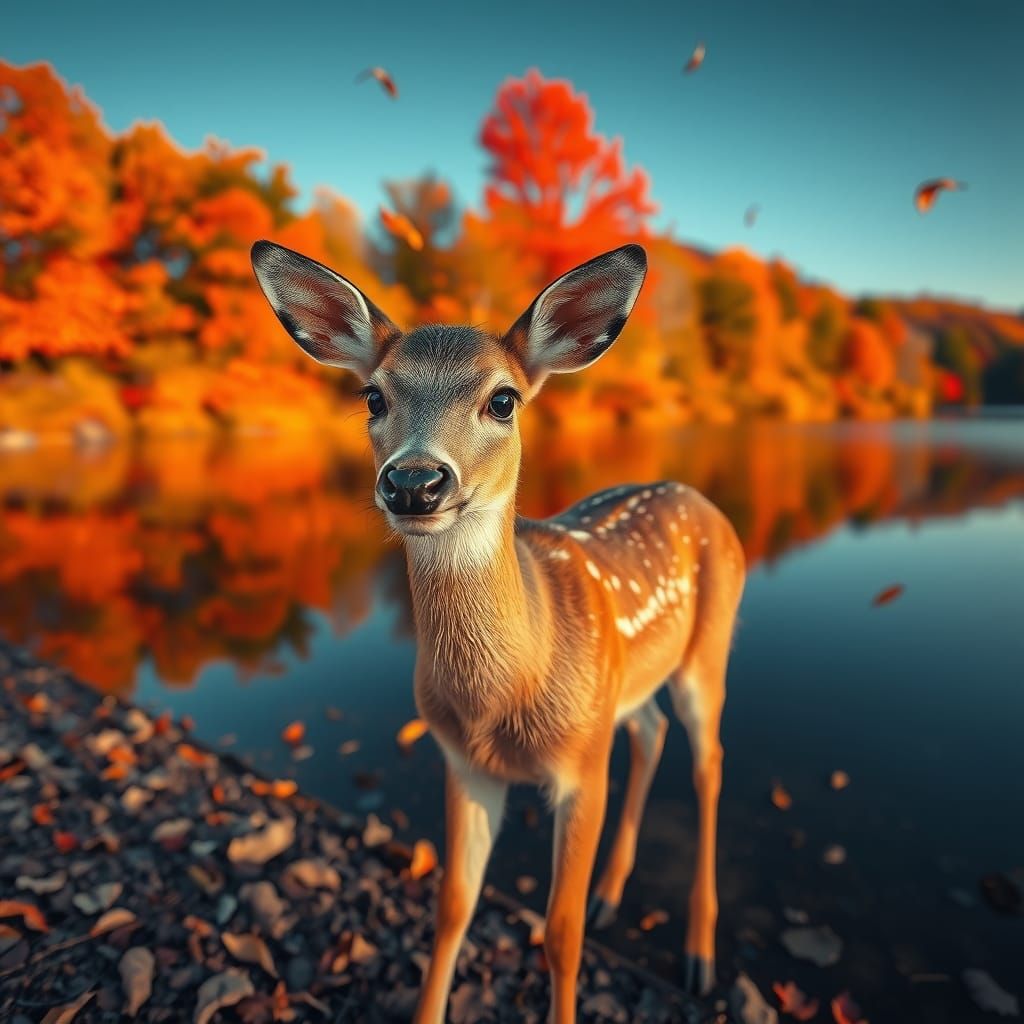 Doe at Autumn Lake Panoramic View